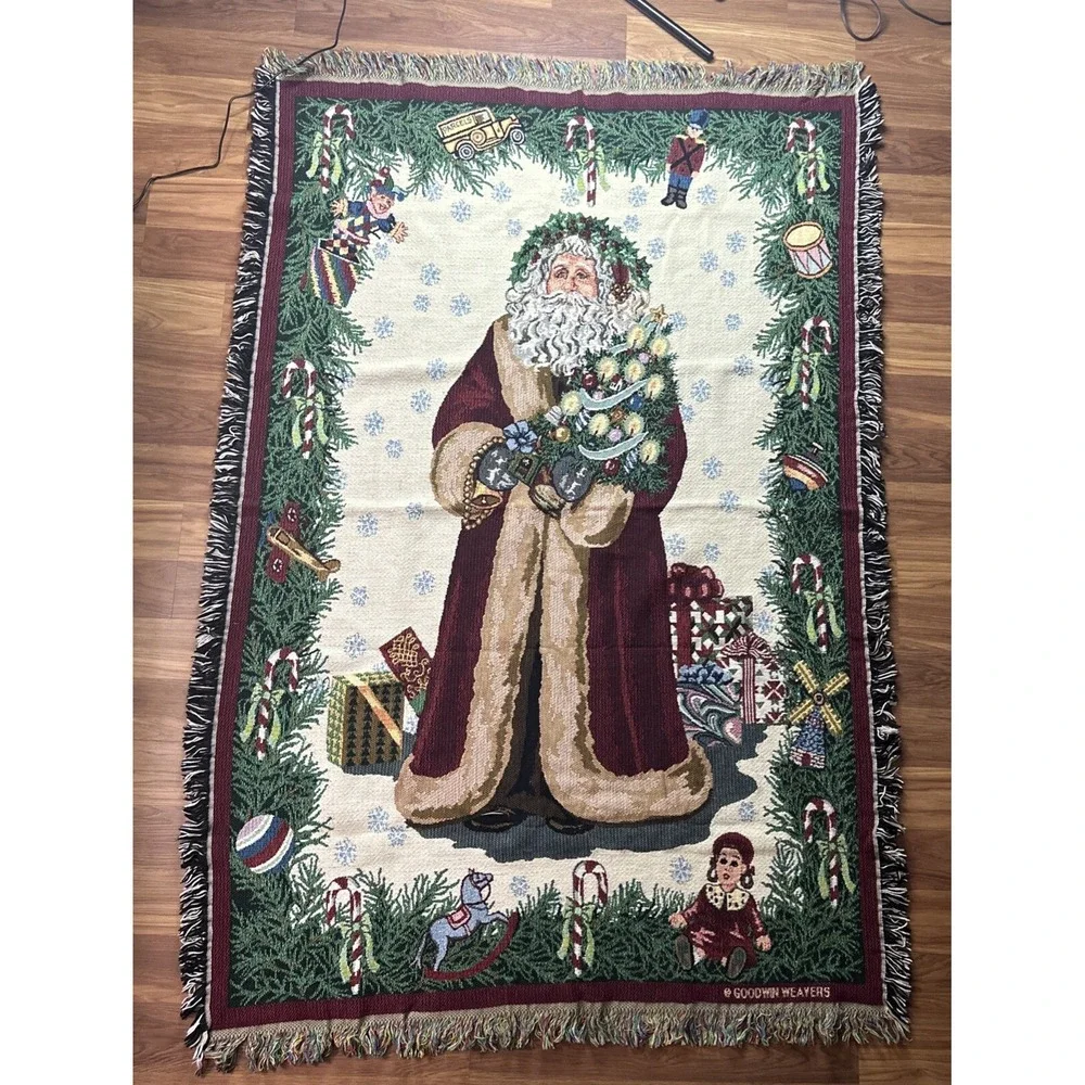 Goodwin Weaver Old World Christmas Santa Tapestry Fringe Throw Blanket 64x44 USA